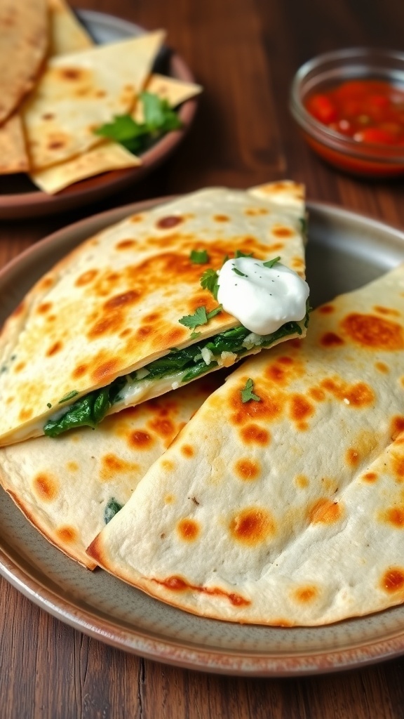 Spinach and feta quesadilla sliced into wedges, served with sour cream and salsa on a rustic plate.